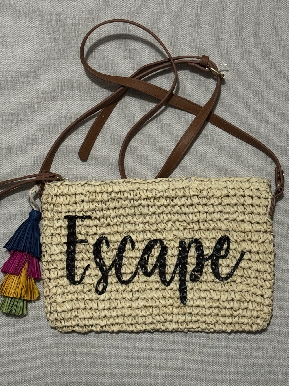 NWOT INC Brand Crossbody/Wristlet-Woven Paper-Faux Leather Trim-Brown/Natural - Picture 2 of 16